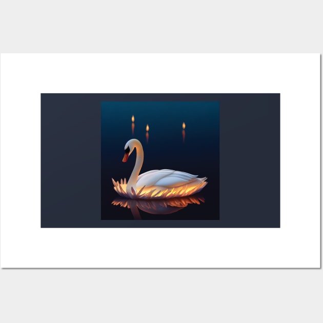 Beautiful, Graceful Swan glowing in a Candlelit Lake. Romantic Image Wall Art by Geminiartstudio